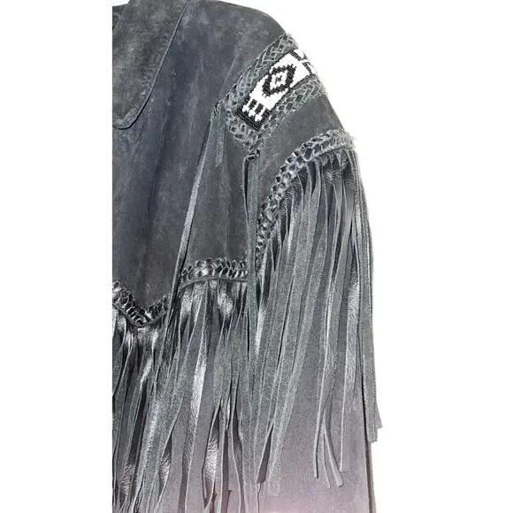 Vintage Round Up Black Suede Leather Fringe Jacket, Women's Size 46 - Western